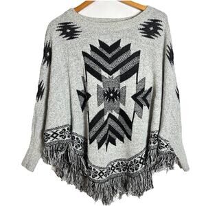 Boho Kamana Sleeved Heritage Poncho Knit Black And Grey One Size